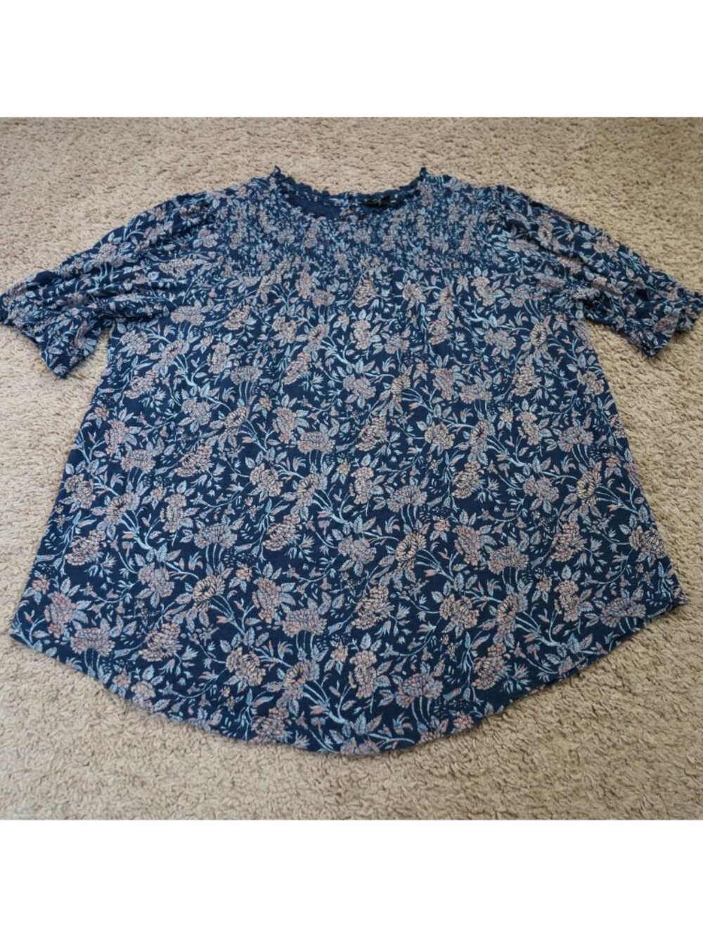 Lucky Brand Smocked Blouse Womens L Blue Floral Short Sleeve Boho Peasant Top - Picture 8 of 10
